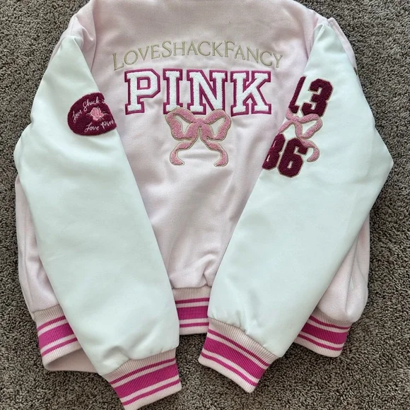 LoveShackFancy Pink and White Varsity Jacket with Embroidered P Patch - Picture 7 of 7